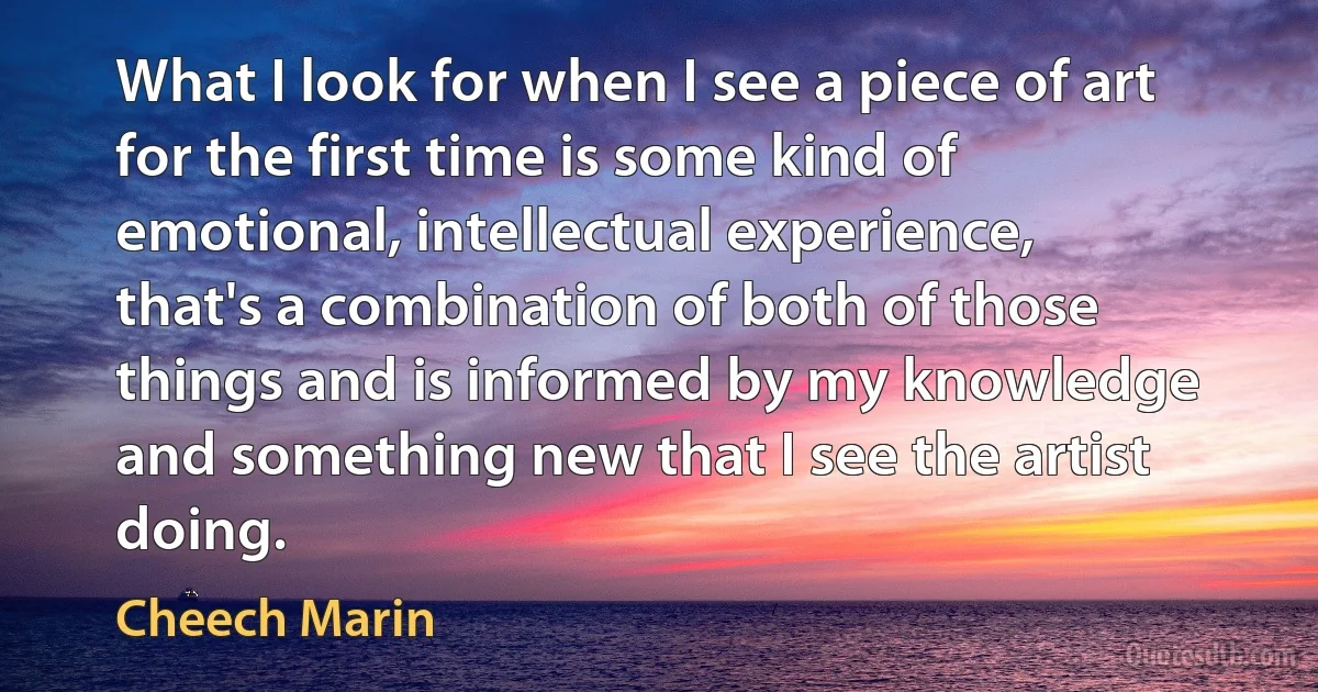 What I look for when I see a piece of art for the first time is some kind of emotional, intellectual experience, that's a combination of both of those things and is informed by my knowledge and something new that I see the artist doing. (Cheech Marin)