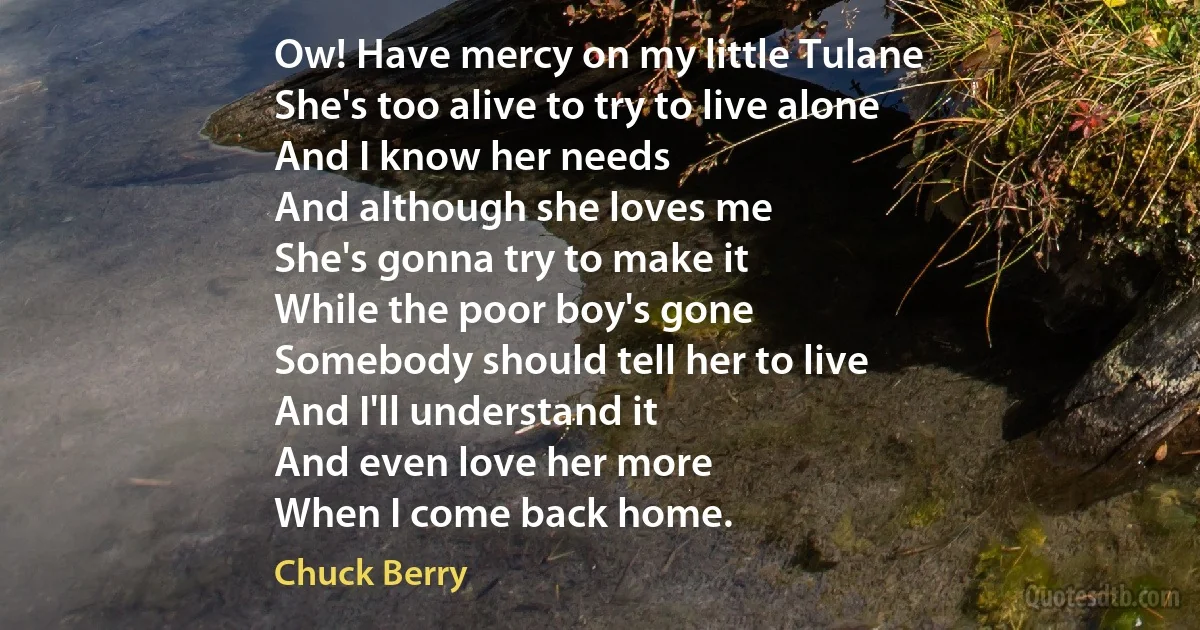 Ow! Have mercy on my little Tulane
She's too alive to try to live alone
And I know her needs
And although she loves me
She's gonna try to make it
While the poor boy's gone
Somebody should tell her to live
And I'll understand it
And even love her more
When I come back home. (Chuck Berry)