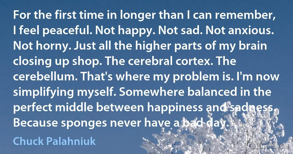 For the first time in longer than I can remember, I feel peaceful. Not happy. Not sad. Not anxious. Not horny. Just all the higher parts of my brain closing up shop. The cerebral cortex. The cerebellum. That's where my problem is. I'm now simplifying myself. Somewhere balanced in the perfect middle between happiness and sadness. Because sponges never have a bad day. (Chuck Palahniuk)