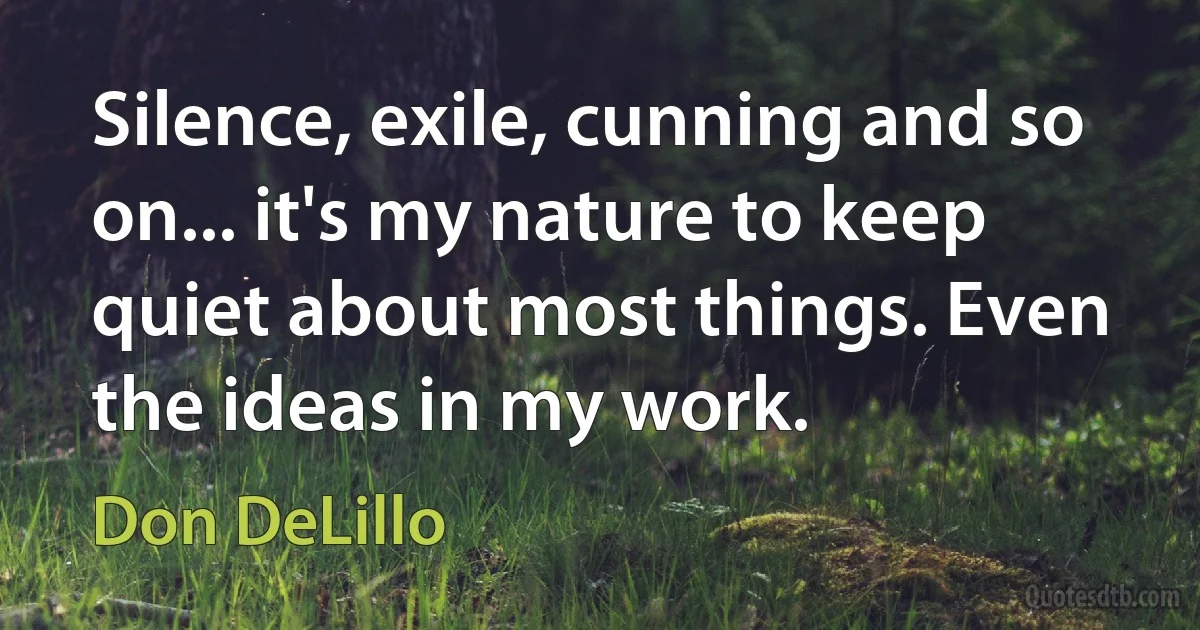 Silence, exile, cunning and so on... it's my nature to keep quiet about most things. Even the ideas in my work. (Don DeLillo)