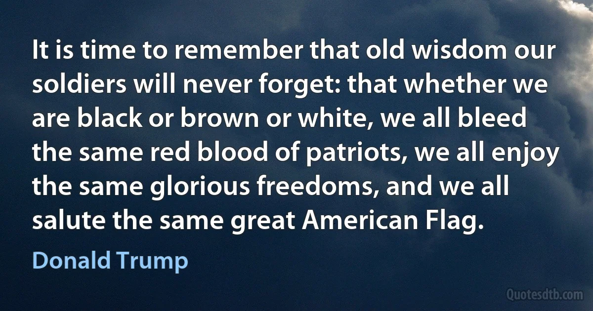 It is time to remember that old wisdom our soldiers will never forget: that whether we are black or brown or white, we all bleed the same red blood of patriots, we all enjoy the same glorious freedoms, and we all salute the same great American Flag. (Donald Trump)