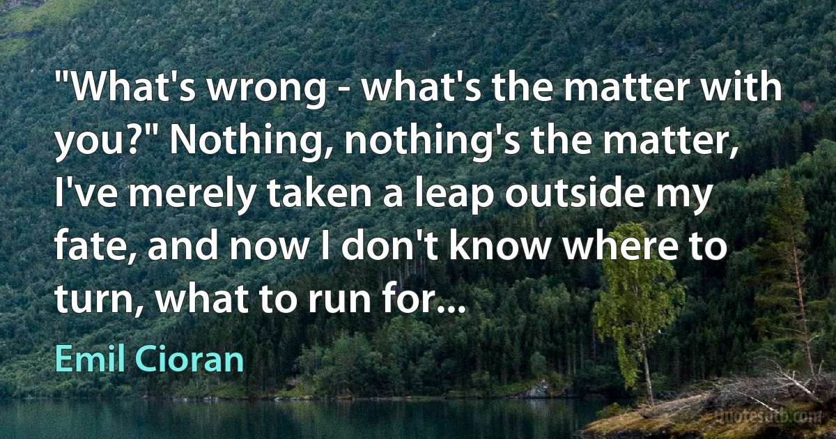 "What's wrong - what's the matter with you?" Nothing, nothing's the matter, I've merely taken a leap outside my fate, and now I don't know where to turn, what to run for... (Emil Cioran)