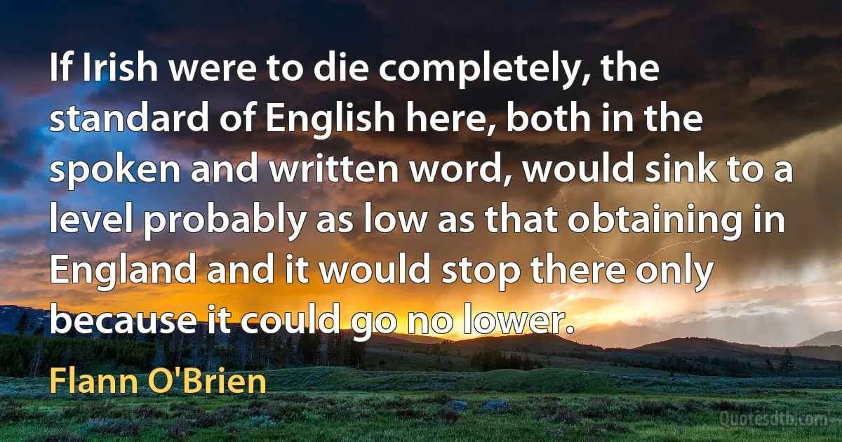 If Irish were to die completely, the standard of English here, both in the spoken and written word, would sink to a level probably as low as that obtaining in England and it would stop there only because it could go no lower. (Flann O'Brien)