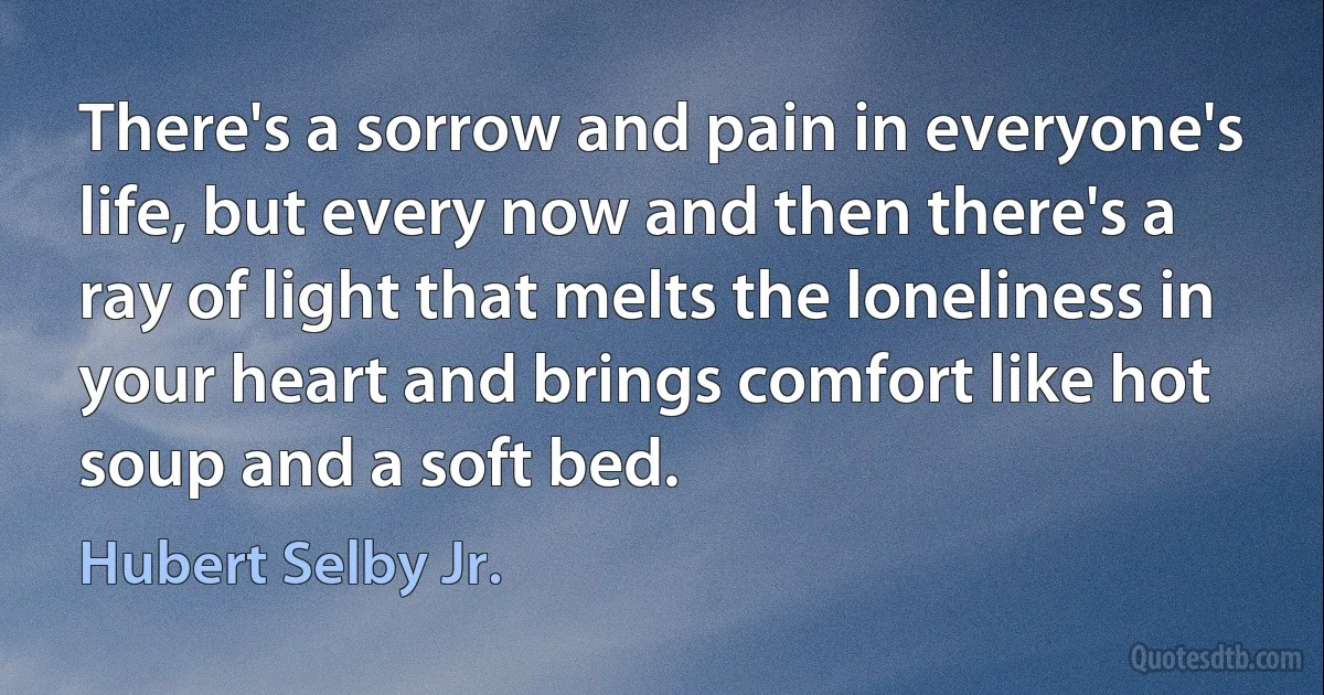 There's a sorrow and pain in everyone's life, but every now and then there's a ray of light that melts the loneliness in your heart and brings comfort like hot soup and a soft bed. (Hubert Selby Jr.)