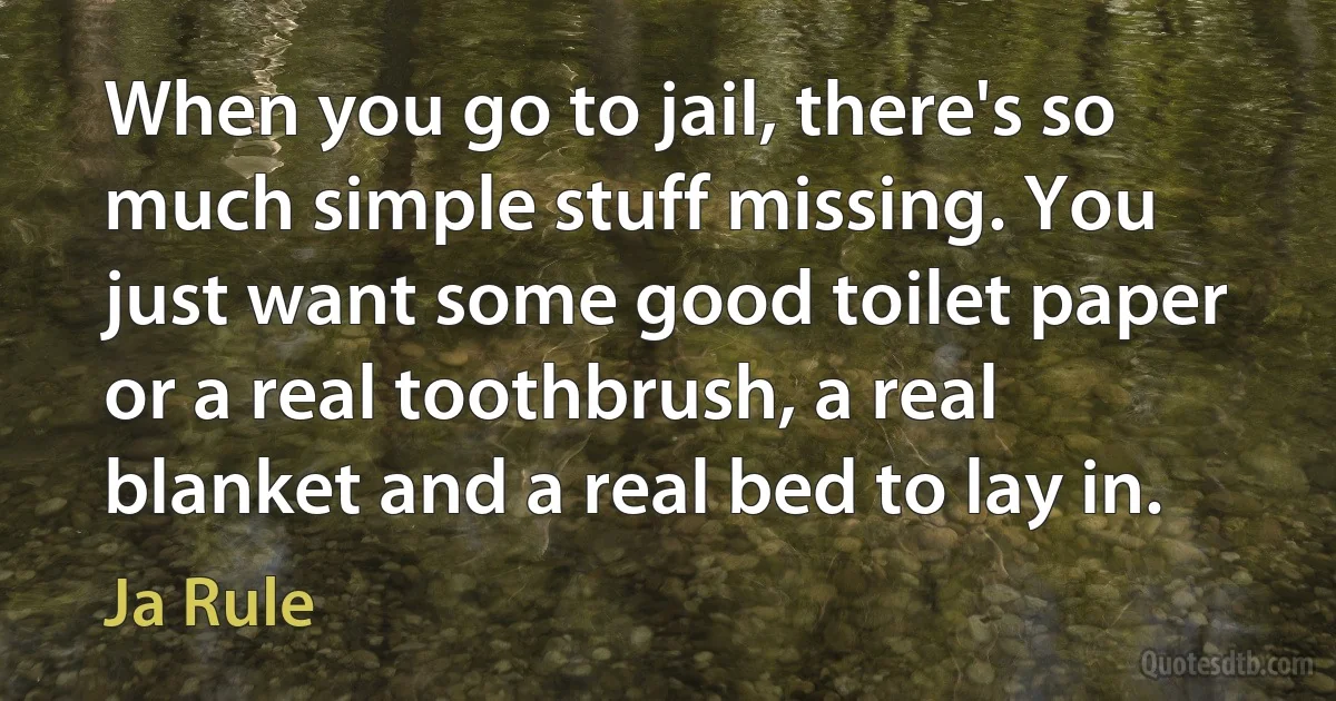 When you go to jail, there's so much simple stuff missing. You just want some good toilet paper or a real toothbrush, a real blanket and a real bed to lay in. (Ja Rule)