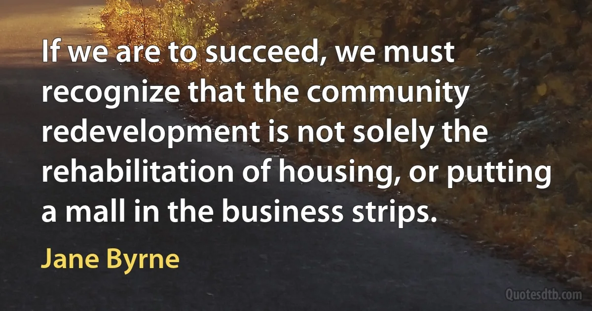 If we are to succeed, we must recognize that the community redevelopment is not solely the rehabilitation of housing, or putting a mall in the business strips. (Jane Byrne)