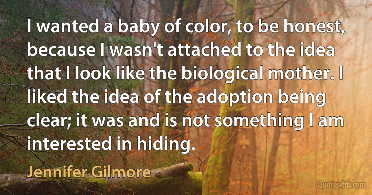 I wanted a baby of color, to be honest, because I wasn't attached to the idea that I look like the biological mother. I liked the idea of the adoption being clear; it was and is not something I am interested in hiding. (Jennifer Gilmore)