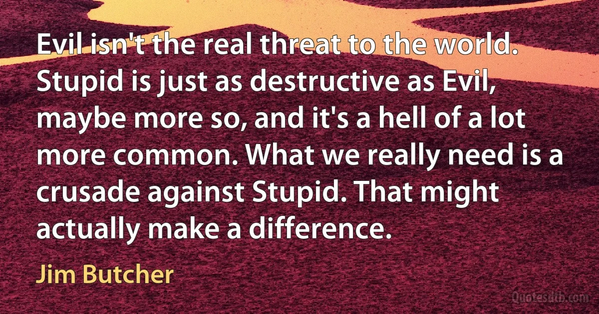 Evil isn't the real threat to the world. Stupid is just as destructive as Evil, maybe more so, and it's a hell of a lot more common. What we really need is a crusade against Stupid. That might actually make a difference. (Jim Butcher)