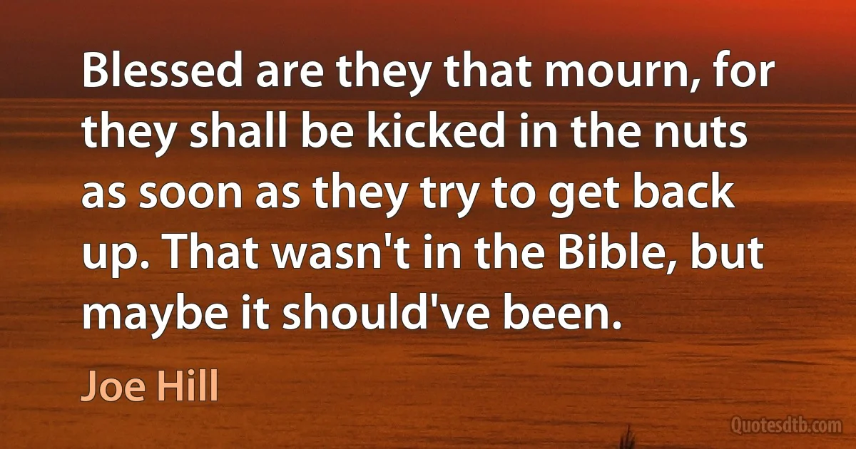 Blessed are they that mourn, for they shall be kicked in the nuts as soon as they try to get back up. That wasn't in the Bible, but maybe it should've been. (Joe Hill)