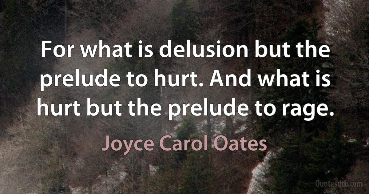 For what is delusion but the prelude to hurt. And what is hurt but the prelude to rage. (Joyce Carol Oates)