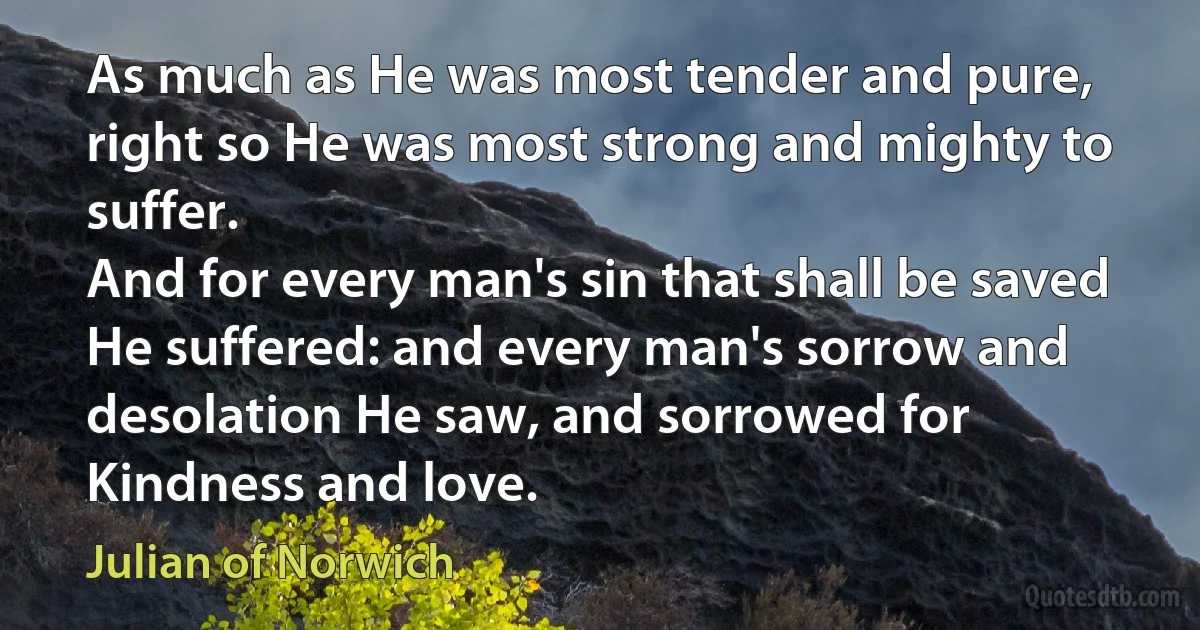 As much as He was most tender and pure, right so He was most strong and mighty to suffer.
And for every man's sin that shall be saved He suffered: and every man's sorrow and desolation He saw, and sorrowed for Kindness and love. (Julian of Norwich)