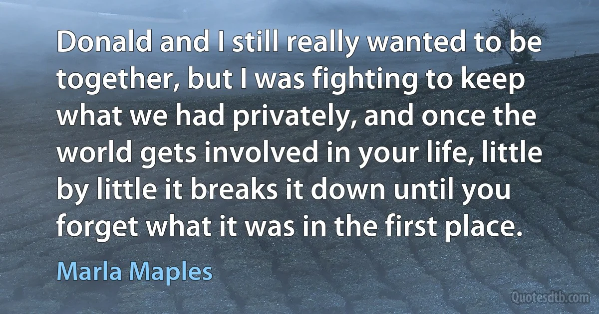 Donald and I still really wanted to be together, but I was fighting to keep what we had privately, and once the world gets involved in your life, little by little it breaks it down until you forget what it was in the first place. (Marla Maples)