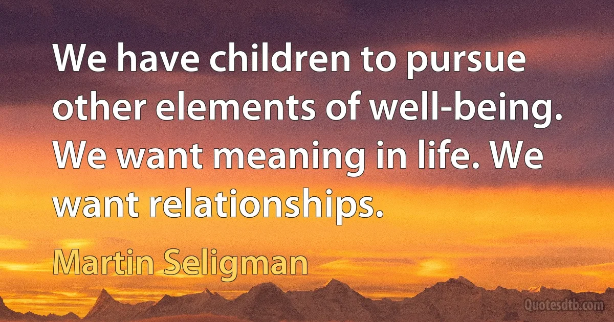 We have children to pursue other elements of well-being. We want meaning in life. We want relationships. (Martin Seligman)