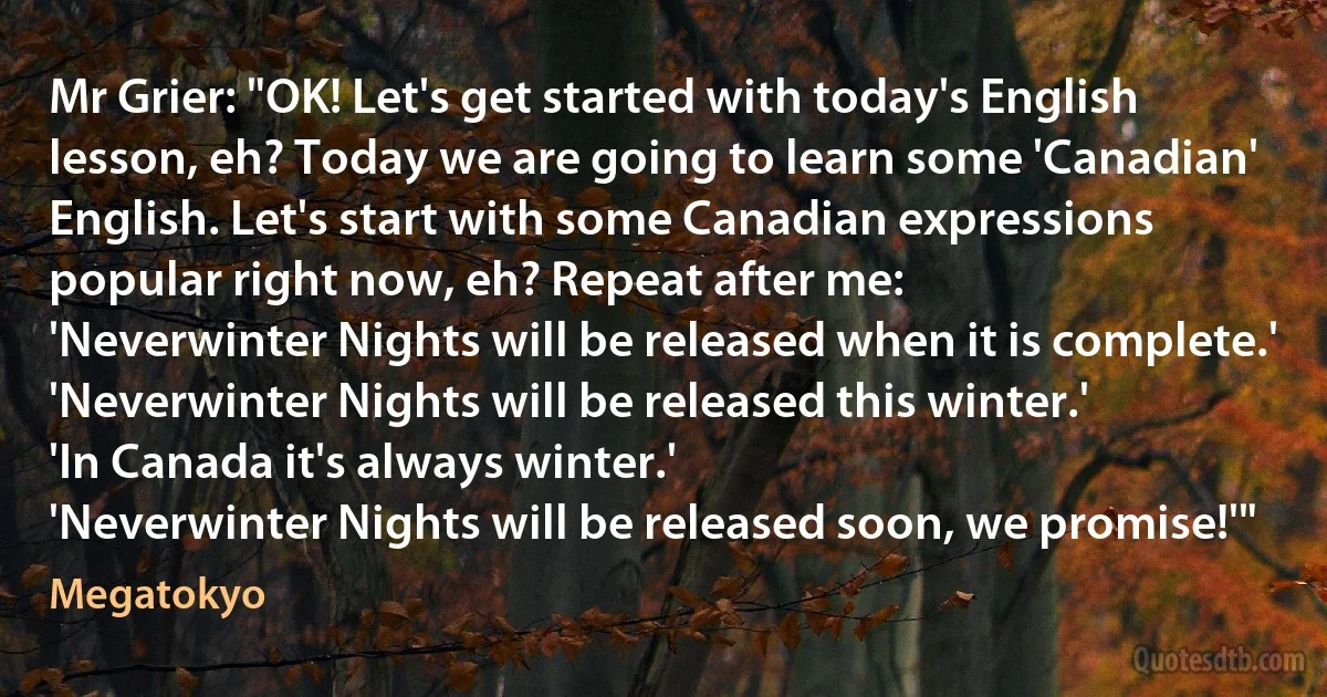 Mr Grier: "OK! Let's get started with today's English lesson, eh? Today we are going to learn some 'Canadian' English. Let's start with some Canadian expressions popular right now, eh? Repeat after me:
'Neverwinter Nights will be released when it is complete.'
'Neverwinter Nights will be released this winter.'
'In Canada it's always winter.'
'Neverwinter Nights will be released soon, we promise!'" (Megatokyo)