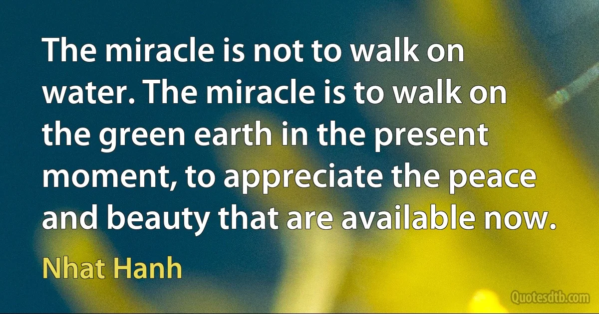 The miracle is not to walk on water. The miracle is to walk on the green earth in the present moment, to appreciate the peace and beauty that are available now. (Nhat Hanh)