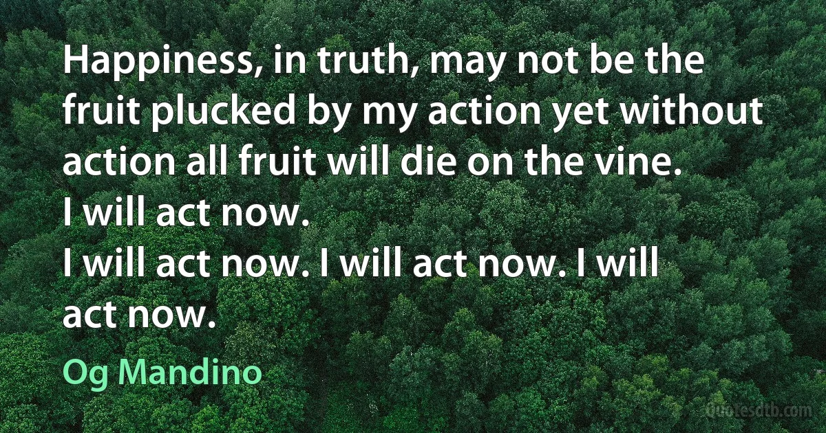 Happiness, in truth, may not be the fruit plucked by my action yet without action all fruit will die on the vine.
I will act now.
I will act now. I will act now. I will act now. (Og Mandino)