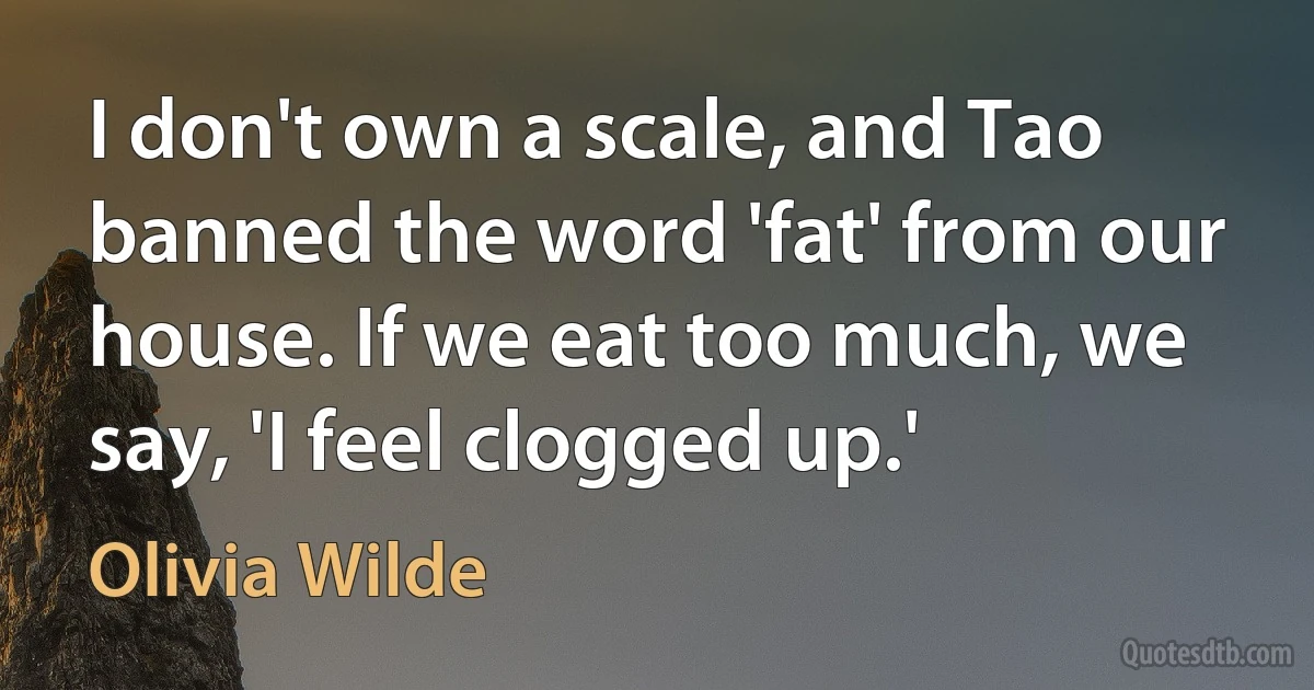 I don't own a scale, and Tao banned the word 'fat' from our house. If we eat too much, we say, 'I feel clogged up.' (Olivia Wilde)