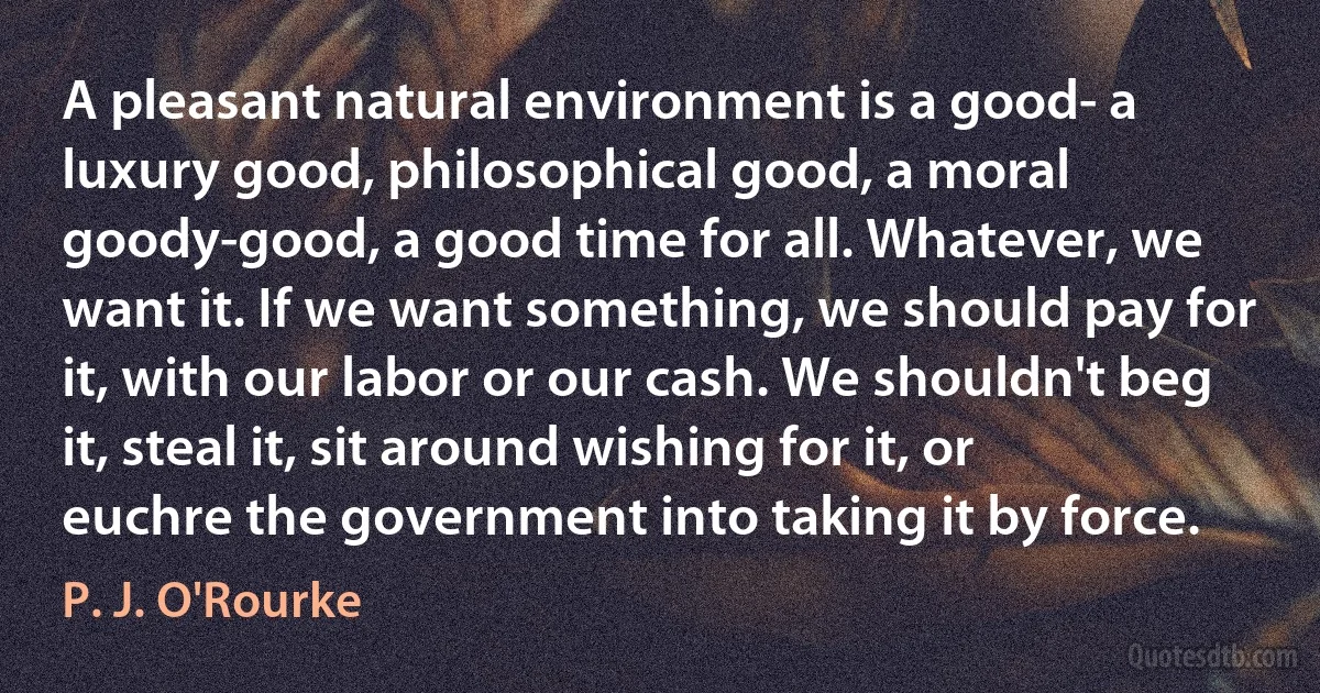 A pleasant natural environment is a good- a luxury good, philosophical good, a moral goody-good, a good time for all. Whatever, we want it. If we want something, we should pay for it, with our labor or our cash. We shouldn't beg it, steal it, sit around wishing for it, or euchre the government into taking it by force. (P. J. O'Rourke)