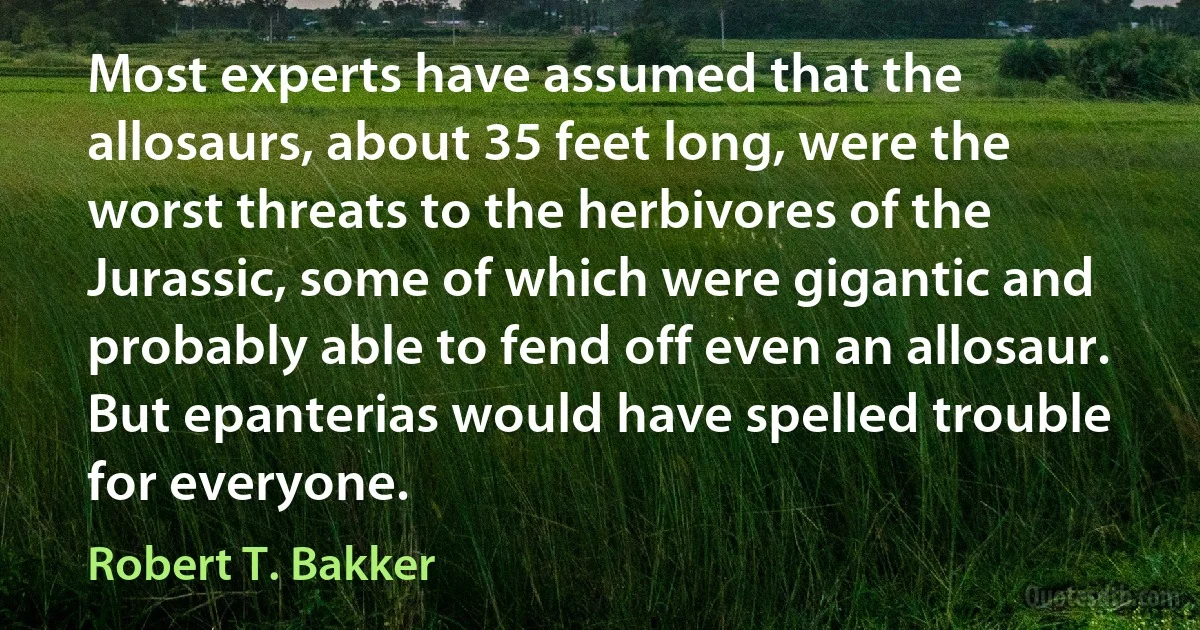 Most experts have assumed that the allosaurs, about 35 feet long, were the worst threats to the herbivores of the Jurassic, some of which were gigantic and probably able to fend off even an allosaur. But epanterias would have spelled trouble for everyone. (Robert T. Bakker)