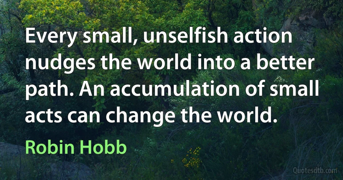 Every small, unselfish action nudges the world into a better path. An accumulation of small acts can change the world. (Robin Hobb)