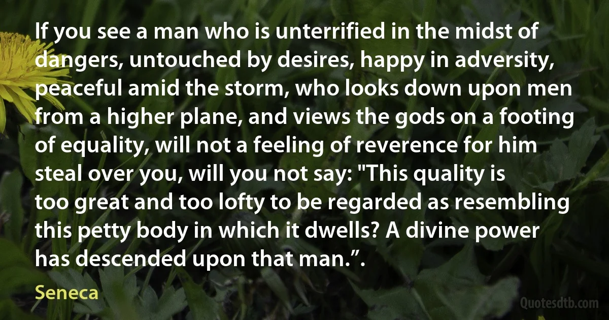 If you see a man who is unterrified in the midst of dangers, untouched by desires, happy in adversity, peaceful amid the storm, who looks down upon men from a higher plane, and views the gods on a footing of equality, will not a feeling of reverence for him steal over you, will you not say: "This quality is too great and too lofty to be regarded as resembling this petty body in which it dwells? A divine power has descended upon that man.”. (Seneca)