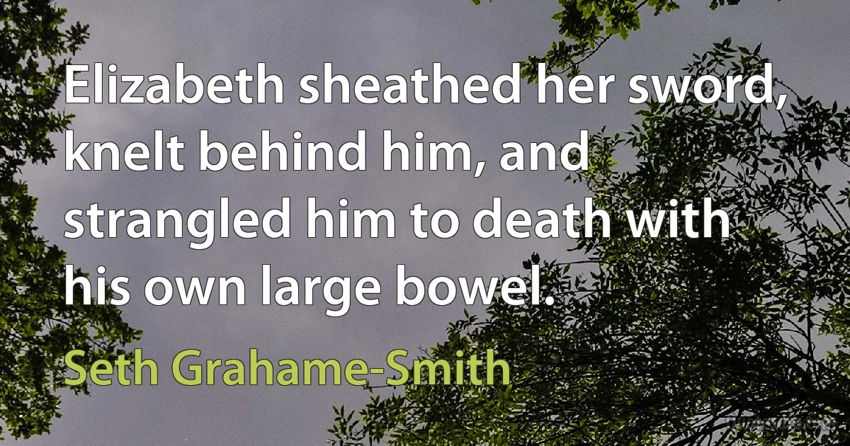 Elizabeth sheathed her sword, knelt behind him, and strangled him to death with his own large bowel. (Seth Grahame-Smith)