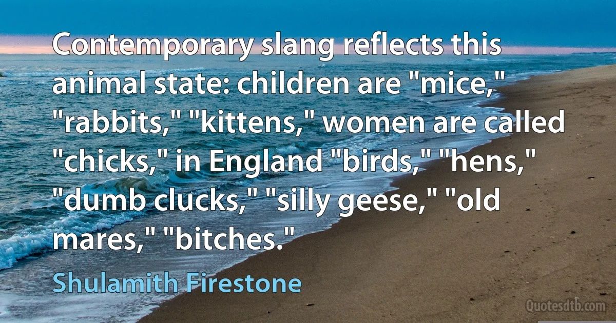 Contemporary slang reflects this animal state: children are "mice," "rabbits," "kittens," women are called "chicks," in England "birds," "hens," "dumb clucks," "silly geese," "old mares," "bitches." (Shulamith Firestone)