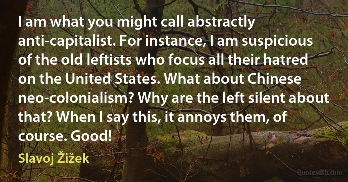 I am what you might call abstractly anti-capitalist. For instance, I am suspicious of the old leftists who focus all their hatred on the United States. What about Chinese neo-colonialism? Why are the left silent about that? When I say this, it annoys them, of course. Good! (Slavoj Žižek)