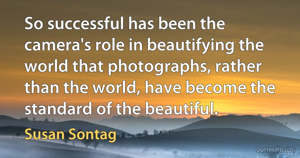 So successful has been the camera's role in beautifying the world that photographs, rather than the world, have become the standard of the beautiful. (Susan Sontag)