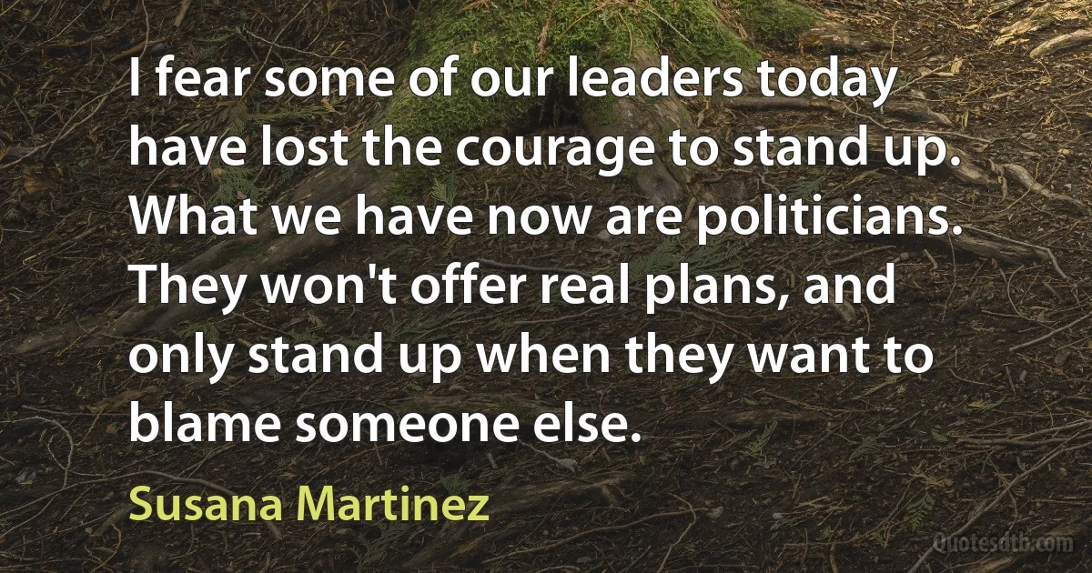 I fear some of our leaders today have lost the courage to stand up. What we have now are politicians. They won't offer real plans, and only stand up when they want to blame someone else. (Susana Martinez)