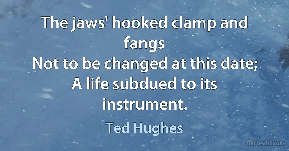 The jaws' hooked clamp and fangs
Not to be changed at this date;
A life subdued to its instrument. (Ted Hughes)