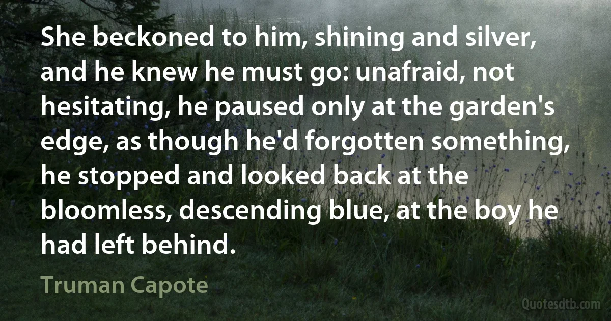 She beckoned to him, shining and silver, and he knew he must go: unafraid, not hesitating, he paused only at the garden's edge, as though he'd forgotten something, he stopped and looked back at the bloomless, descending blue, at the boy he had left behind. (Truman Capote)