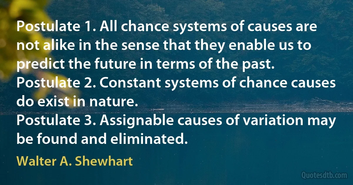 Postulate 1. All chance systems of causes are not alike in the sense that they enable us to predict the future in terms of the past.
Postulate 2. Constant systems of chance causes do exist in nature.
Postulate 3. Assignable causes of variation may be found and eliminated. (Walter A. Shewhart)