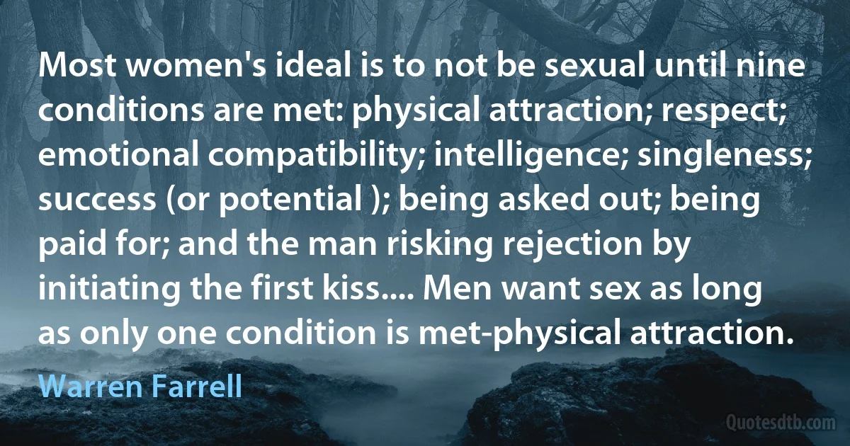 Most women's ideal is to not be sexual until nine conditions are met: physical attraction; respect; emotional compatibility; intelligence; singleness; success (or potential ); being asked out; being paid for; and the man risking rejection by initiating the first kiss.... Men want sex as long as only one condition is met-physical attraction. (Warren Farrell)