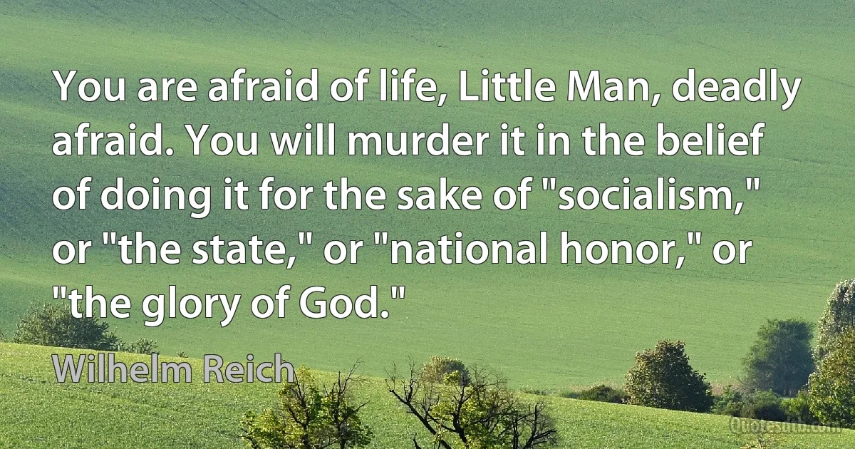 You are afraid of life, Little Man, deadly afraid. You will murder it in the belief of doing it for the sake of "socialism," or "the state," or "national honor," or "the glory of God." (Wilhelm Reich)