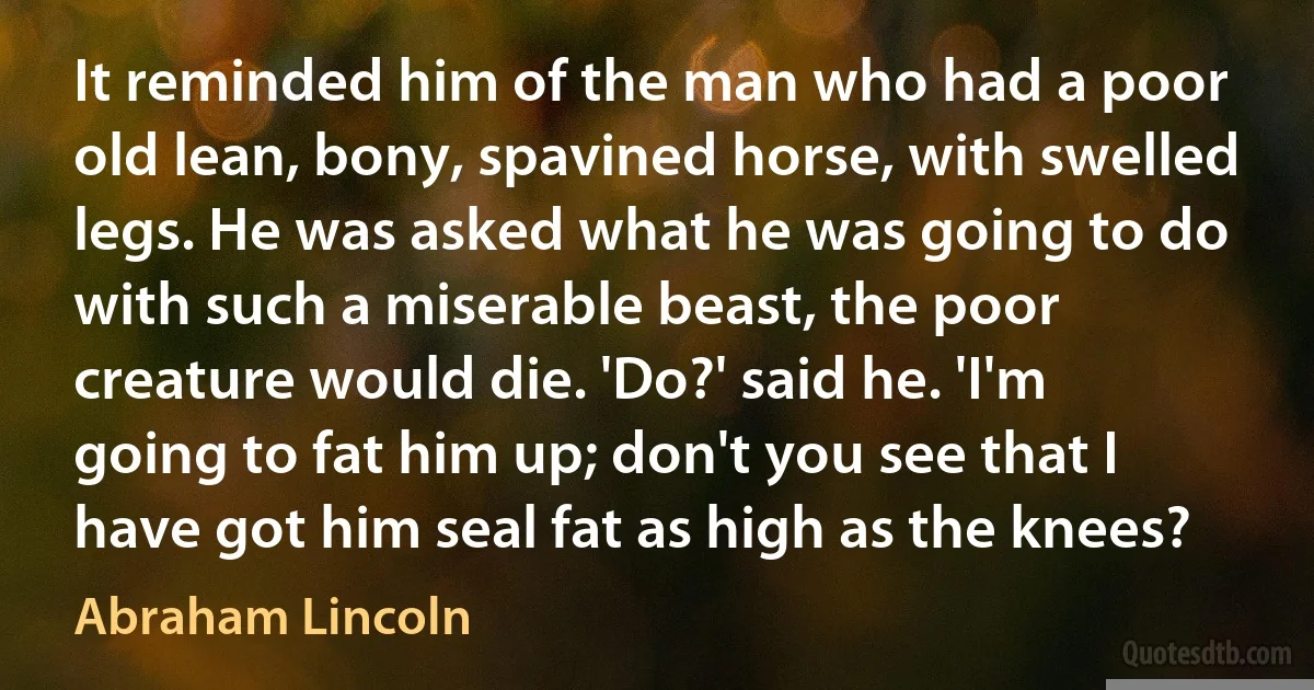 It reminded him of the man who had a poor old lean, bony, spavined horse, with swelled legs. He was asked what he was going to do with such a miserable beast, the poor creature would die. 'Do?' said he. 'I'm going to fat him up; don't you see that I have got him seal fat as high as the knees? (Abraham Lincoln)