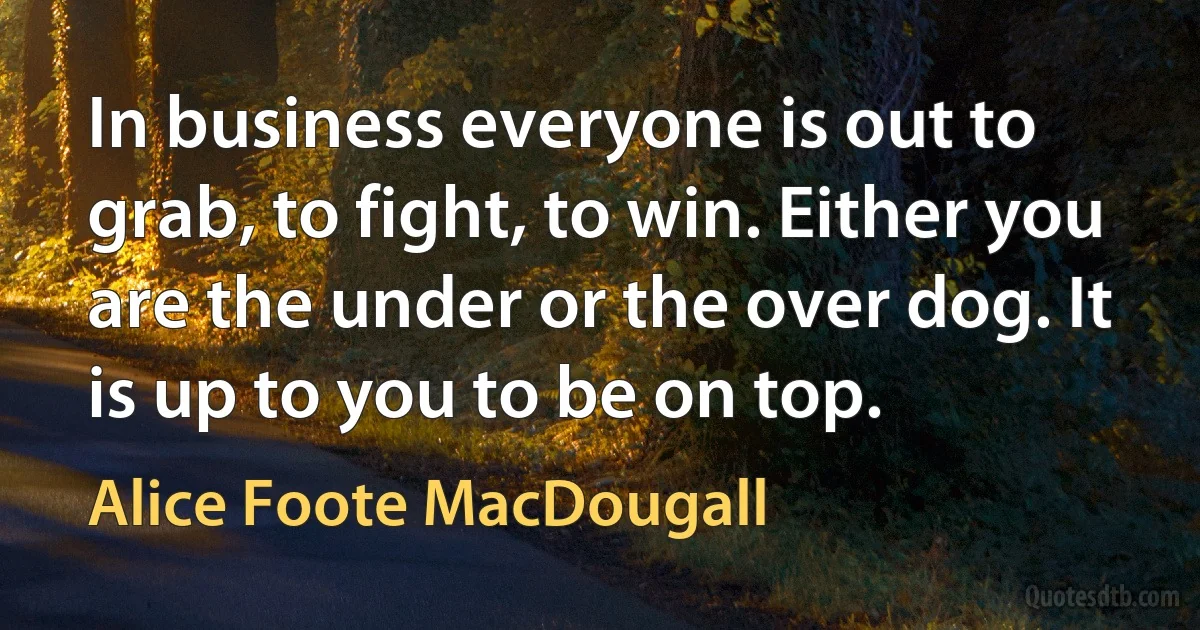 In business everyone is out to grab, to fight, to win. Either you are the under or the over dog. It is up to you to be on top. (Alice Foote MacDougall)