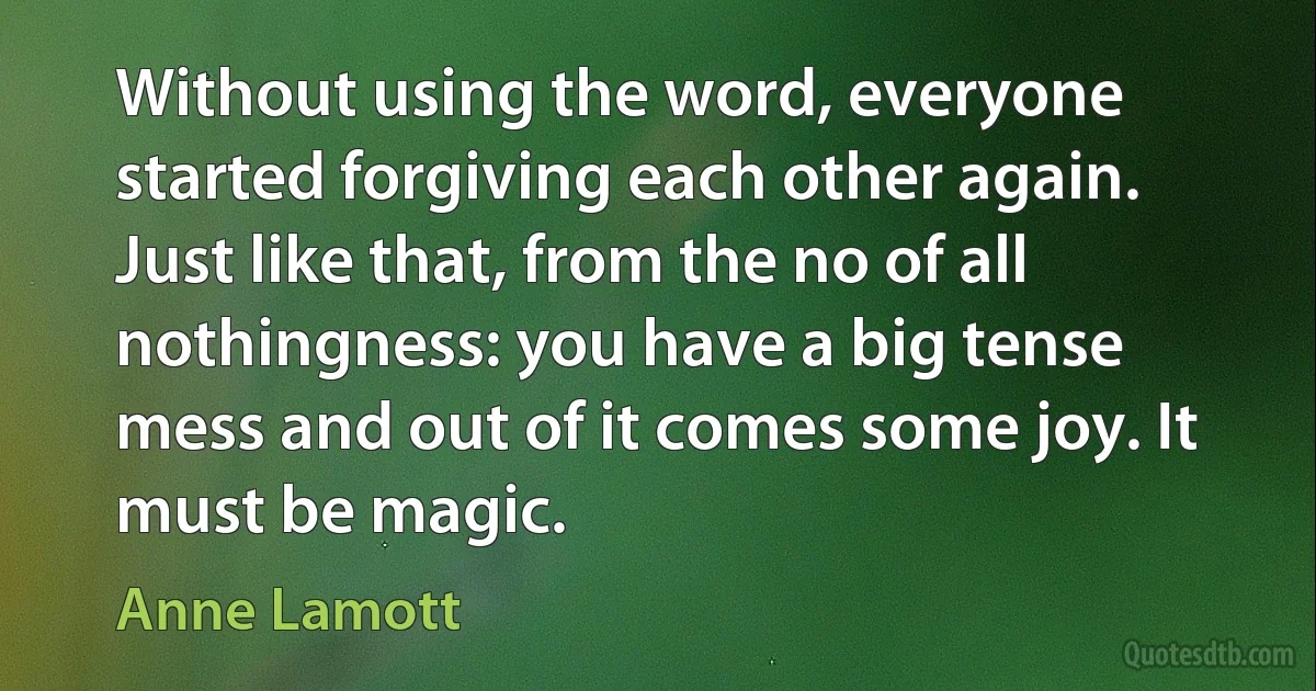 Without using the word, everyone started forgiving each other again. Just like that, from the no of all nothingness: you have a big tense mess and out of it comes some joy. It must be magic. (Anne Lamott)