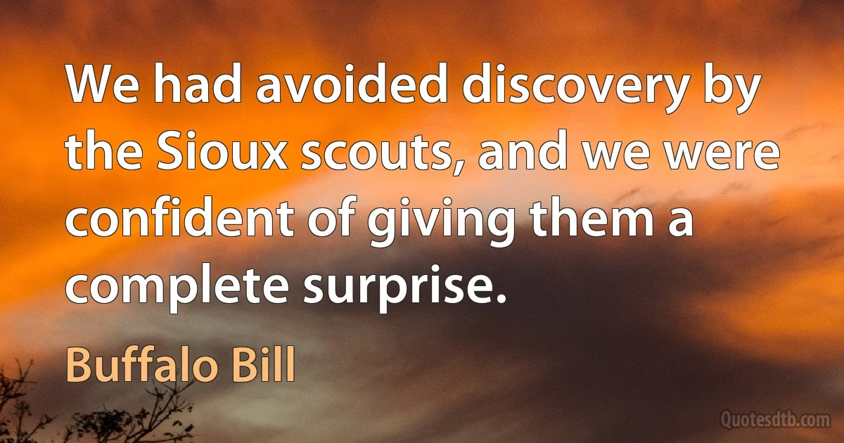 We had avoided discovery by the Sioux scouts, and we were confident of giving them a complete surprise. (Buffalo Bill)