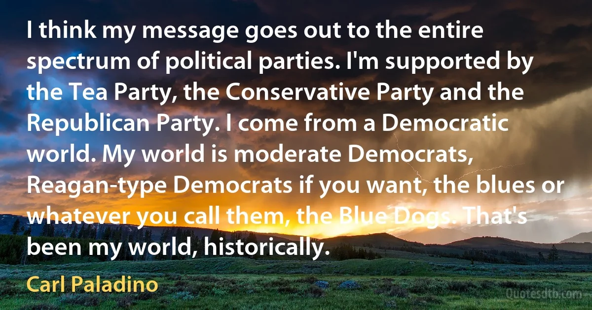 I think my message goes out to the entire spectrum of political parties. I'm supported by the Tea Party, the Conservative Party and the Republican Party. I come from a Democratic world. My world is moderate Democrats, Reagan-type Democrats if you want, the blues or whatever you call them, the Blue Dogs. That's been my world, historically. (Carl Paladino)