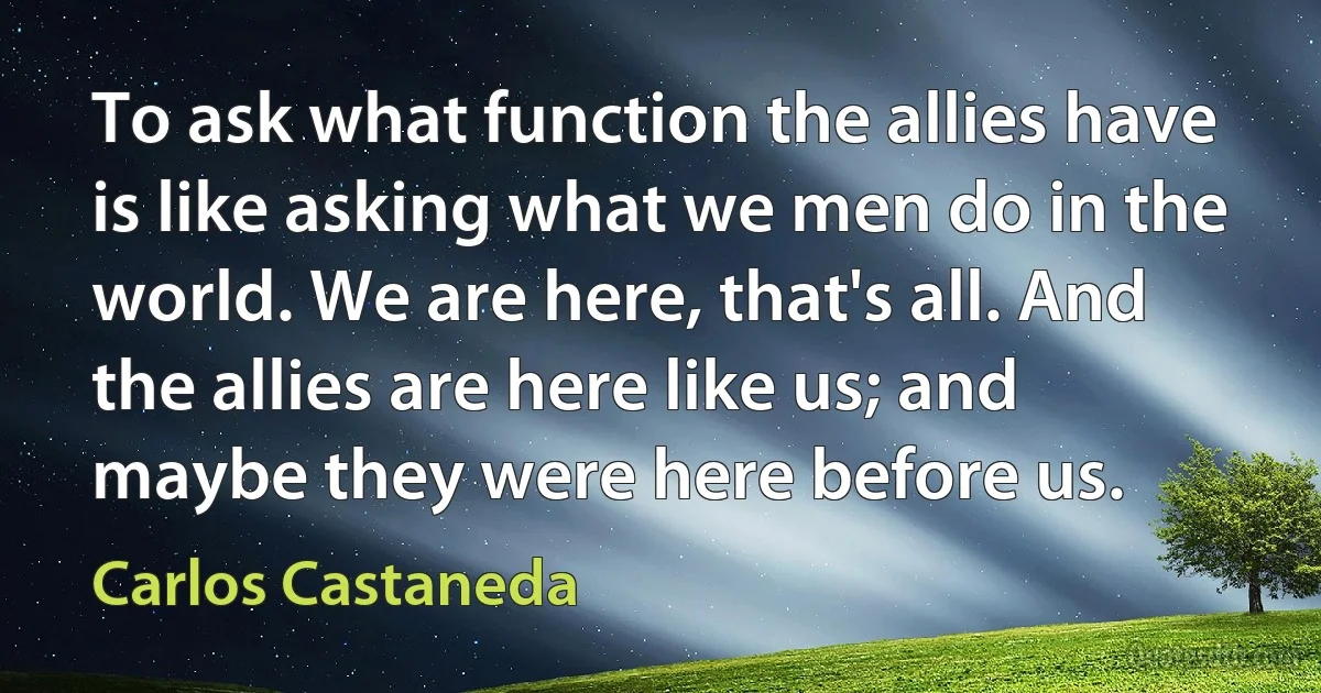 To ask what function the allies have is like asking what we men do in the world. We are here, that's all. And the allies are here like us; and maybe they were here before us. (Carlos Castaneda)