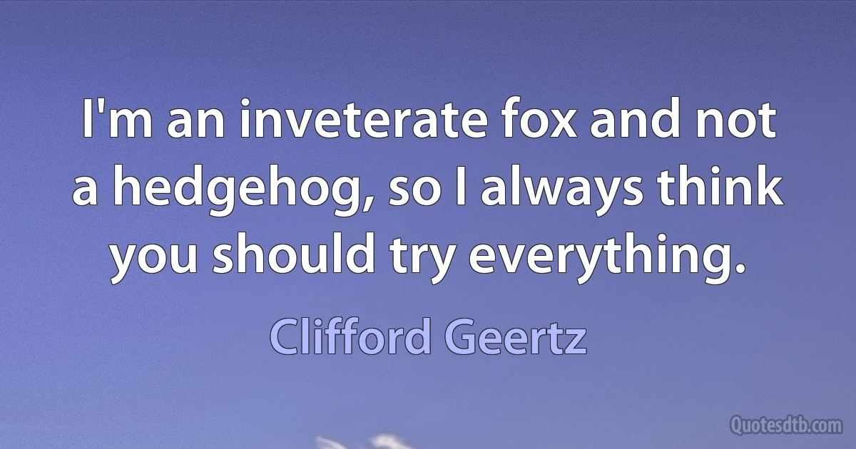 I'm an inveterate fox and not a hedgehog, so I always think you should try everything. (Clifford Geertz)