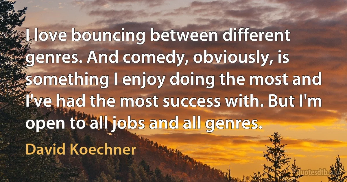 I love bouncing between different genres. And comedy, obviously, is something I enjoy doing the most and I've had the most success with. But I'm open to all jobs and all genres. (David Koechner)