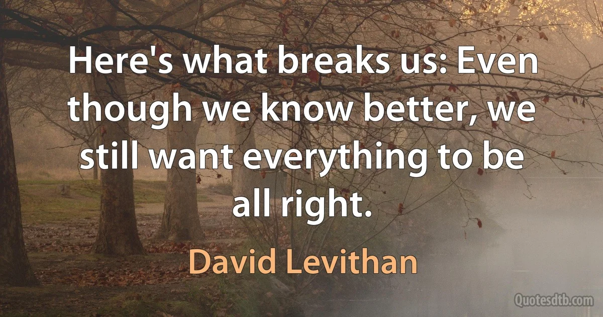 Here's what breaks us: Even though we know better, we still want everything to be all right. (David Levithan)