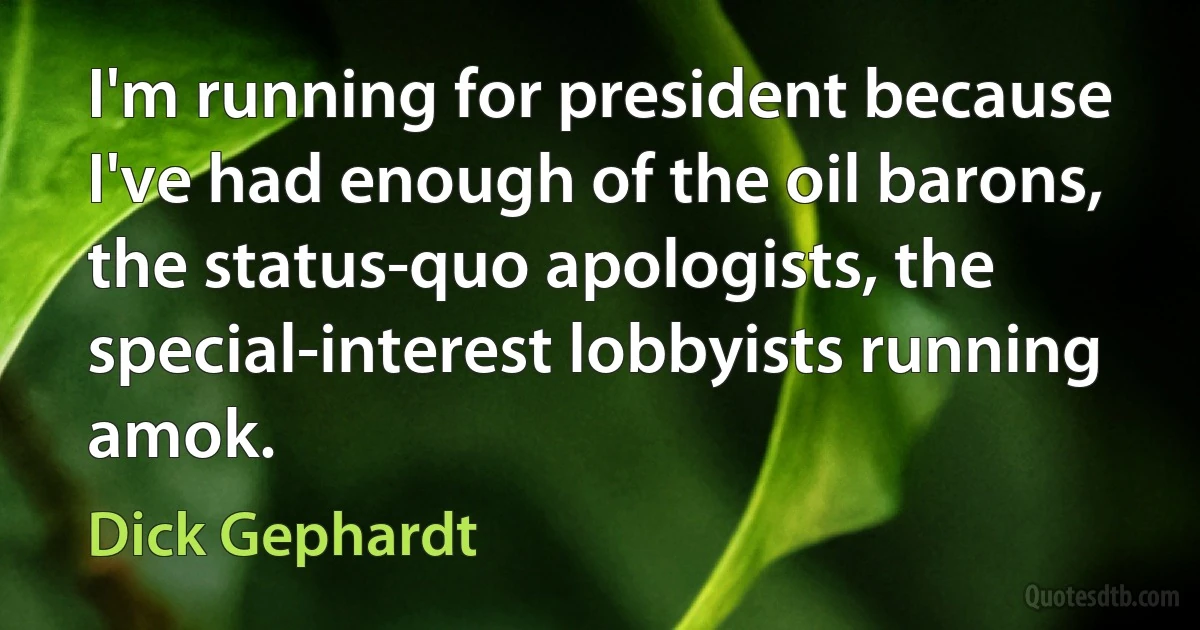 I'm running for president because I've had enough of the oil barons, the status-quo apologists, the special-interest lobbyists running amok. (Dick Gephardt)