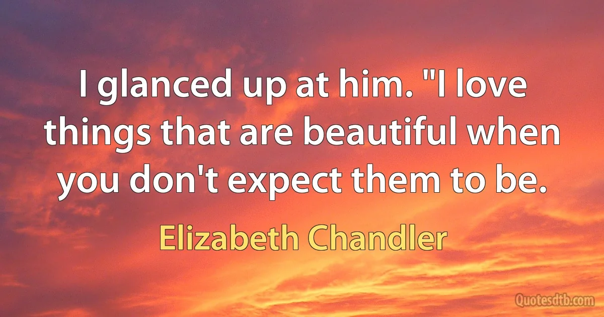 I glanced up at him. "I love things that are beautiful when you don't expect them to be. (Elizabeth Chandler)