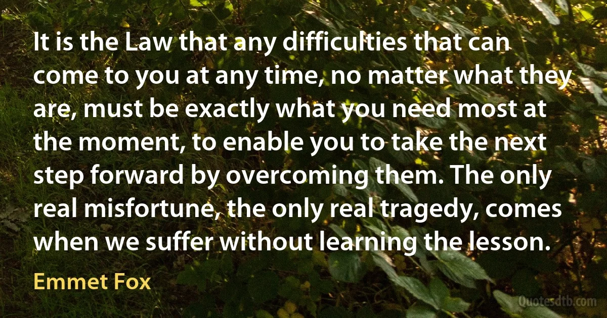 It is the Law that any difficulties that can come to you at any time, no matter what they are, must be exactly what you need most at the moment, to enable you to take the next step forward by overcoming them. The only real misfortune, the only real tragedy, comes when we suffer without learning the lesson. (Emmet Fox)