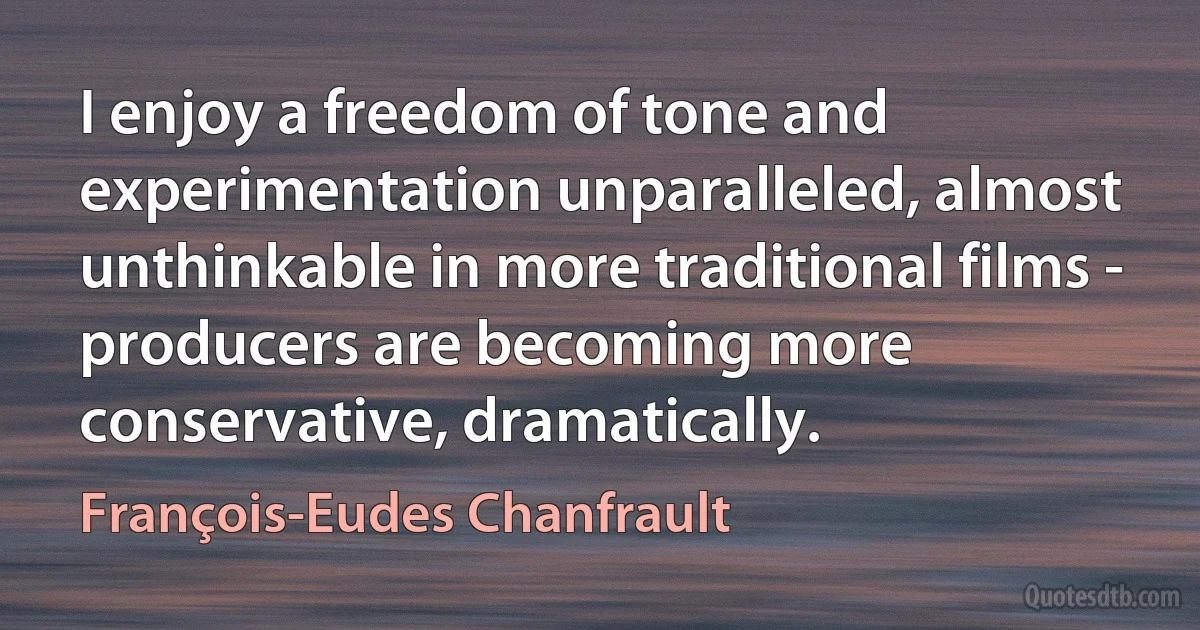 I enjoy a freedom of tone and experimentation unparalleled, almost unthinkable in more traditional films - producers are becoming more conservative, dramatically. (François-Eudes Chanfrault)