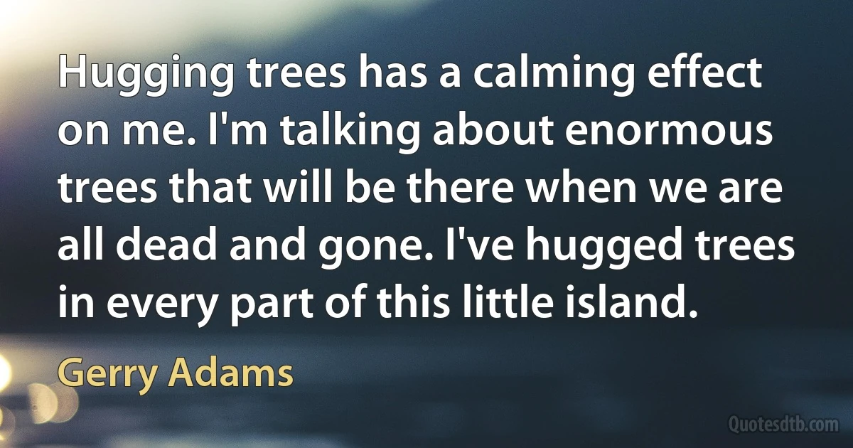 Hugging trees has a calming effect on me. I'm talking about enormous trees that will be there when we are all dead and gone. I've hugged trees in every part of this little island. (Gerry Adams)