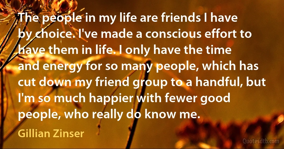 The people in my life are friends I have by choice. I've made a conscious effort to have them in life. I only have the time and energy for so many people, which has cut down my friend group to a handful, but I'm so much happier with fewer good people, who really do know me. (Gillian Zinser)